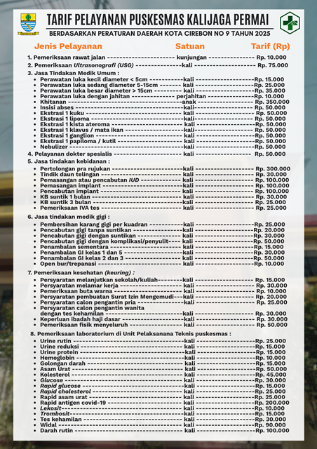 Tarif Pelayanan Puskesmas Kalijaga Permai