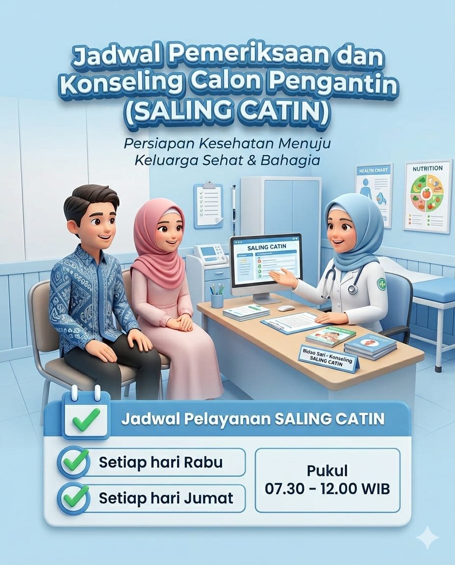 JADWAL PEMERIKSAAN DAN KONSELING CALON PENGANTIN
SETIAP HARI RABU DAN JUMAT